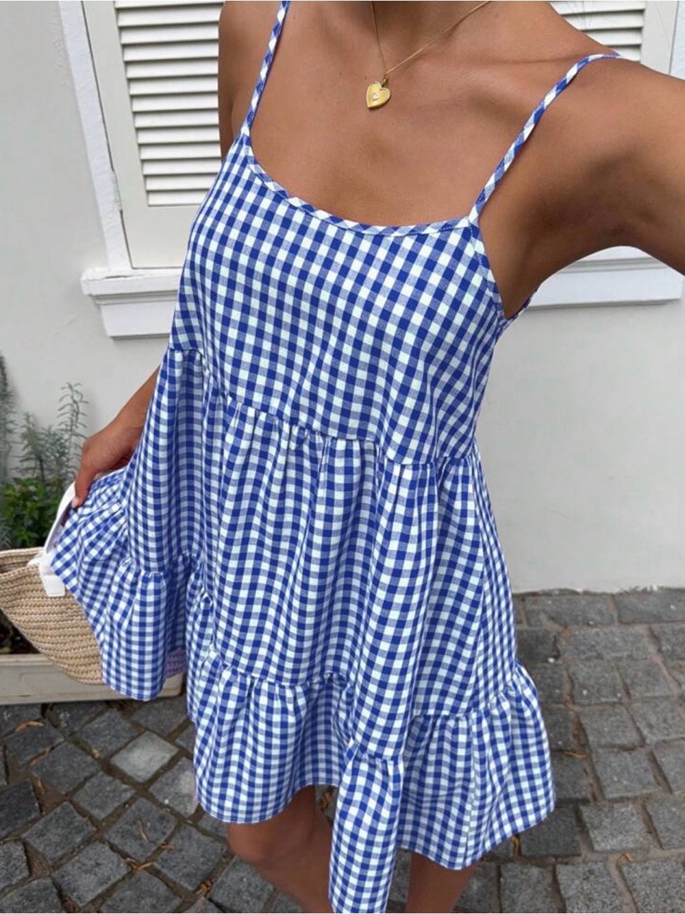 Blue and White Gingham Spaghetti Strap Mini Dress - S